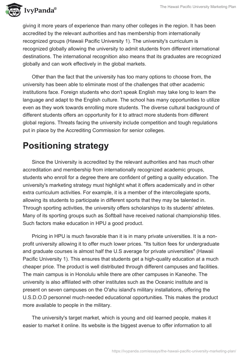 The Hawaii Pacific University Marketing Plan. Page 2