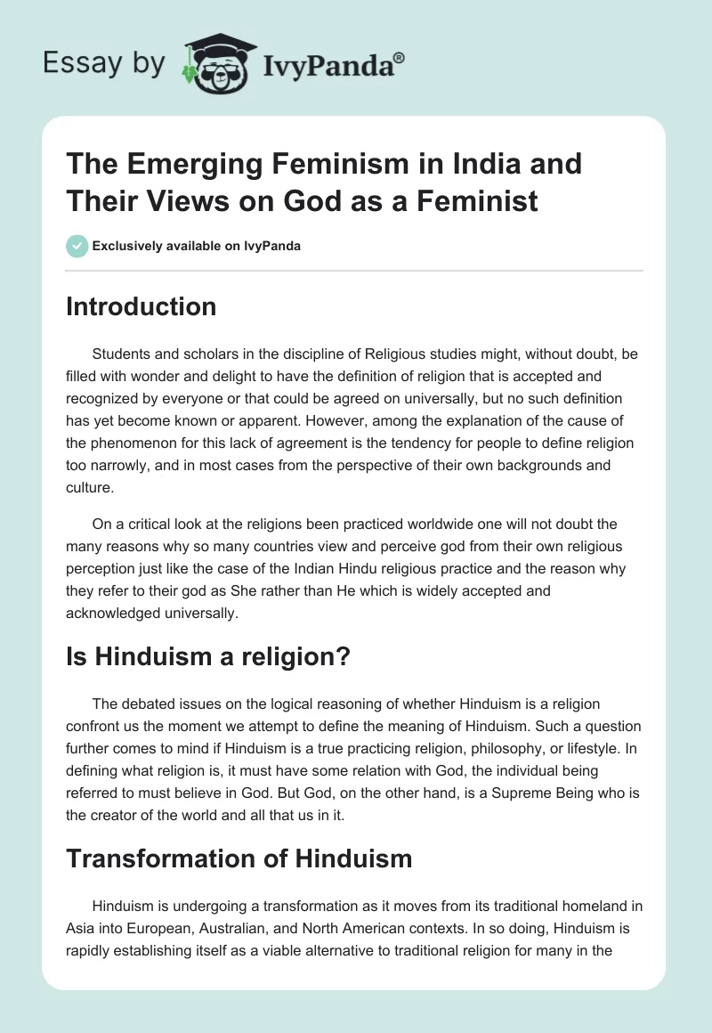 The Emerging Feminism in India and Their Views on God as a Feminist. Page 1