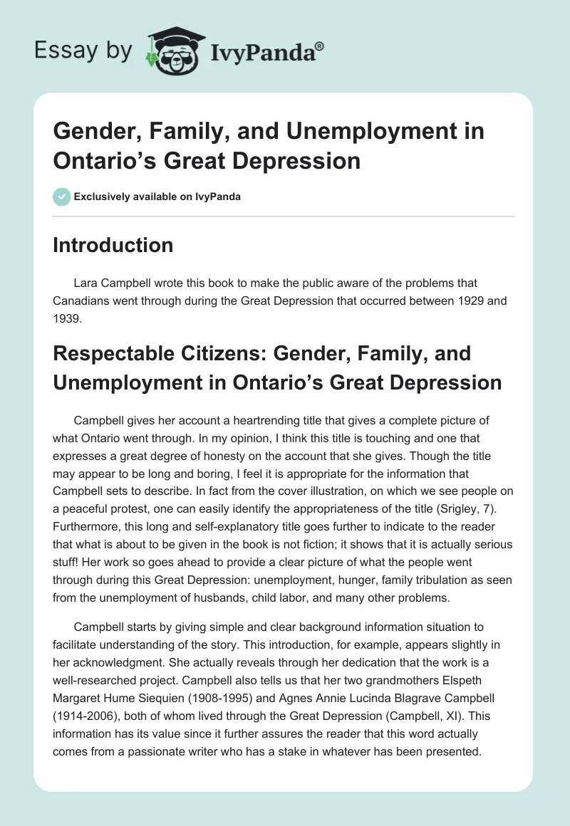 Gender, Family, and Unemployment in Ontario’s Great Depression. Page 1