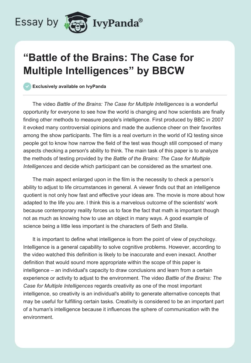 “Battle of the Brains: The Case for Multiple Intelligences” by BBCW. Page 1