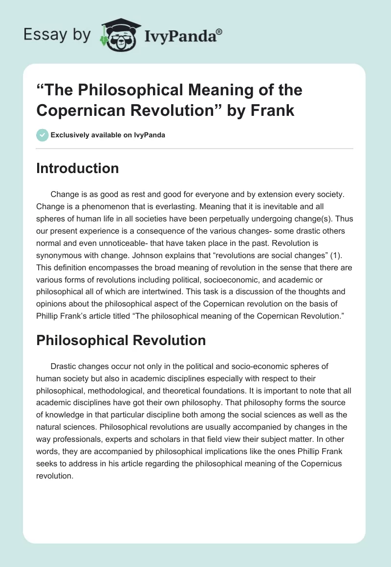“The Philosophical Meaning of the Copernican Revolution” by Frank. Page 1