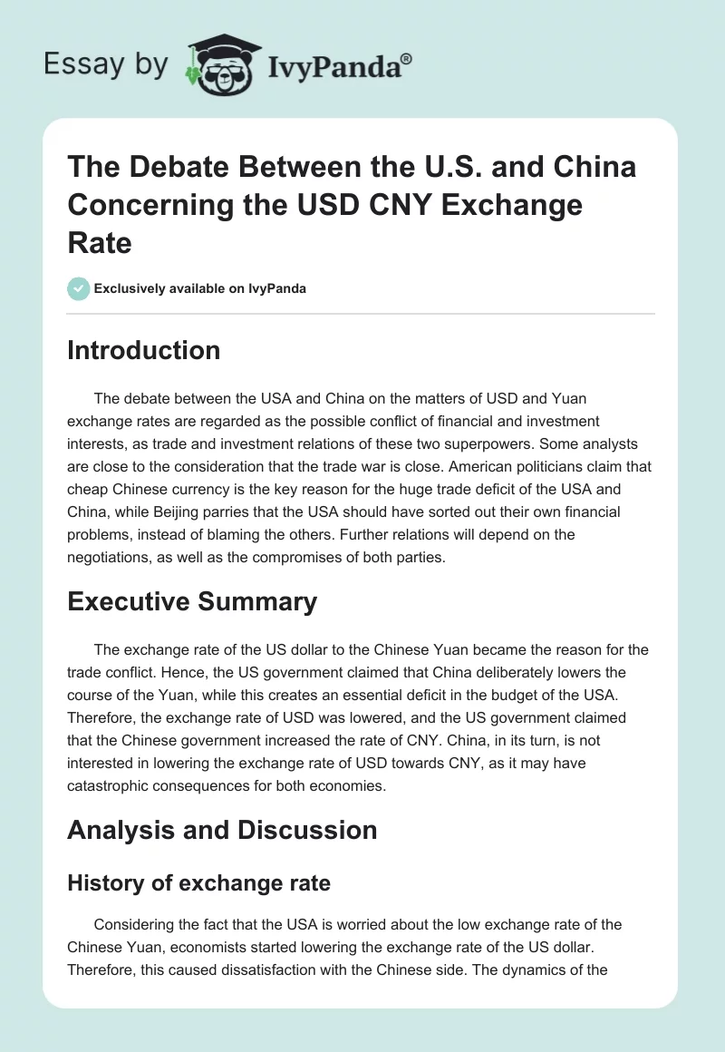 The Debate Between the U.S. and China Concerning the USD CNY Exchange Rate. Page 1