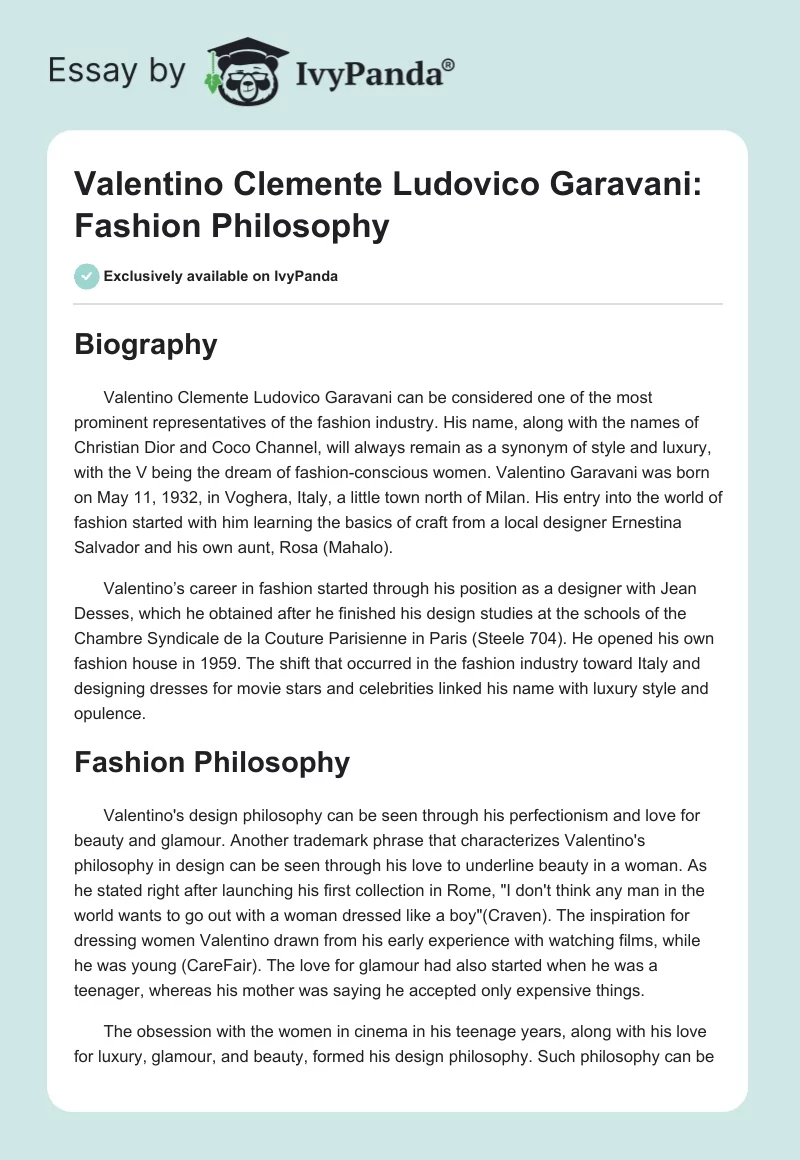 Valentino Clemente Ludovico Garavani: Fashion Philosophy. Page 1