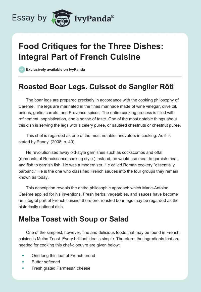 Food Critiques for the Three Dishes: Integral Part of French Cuisine. Page 1
