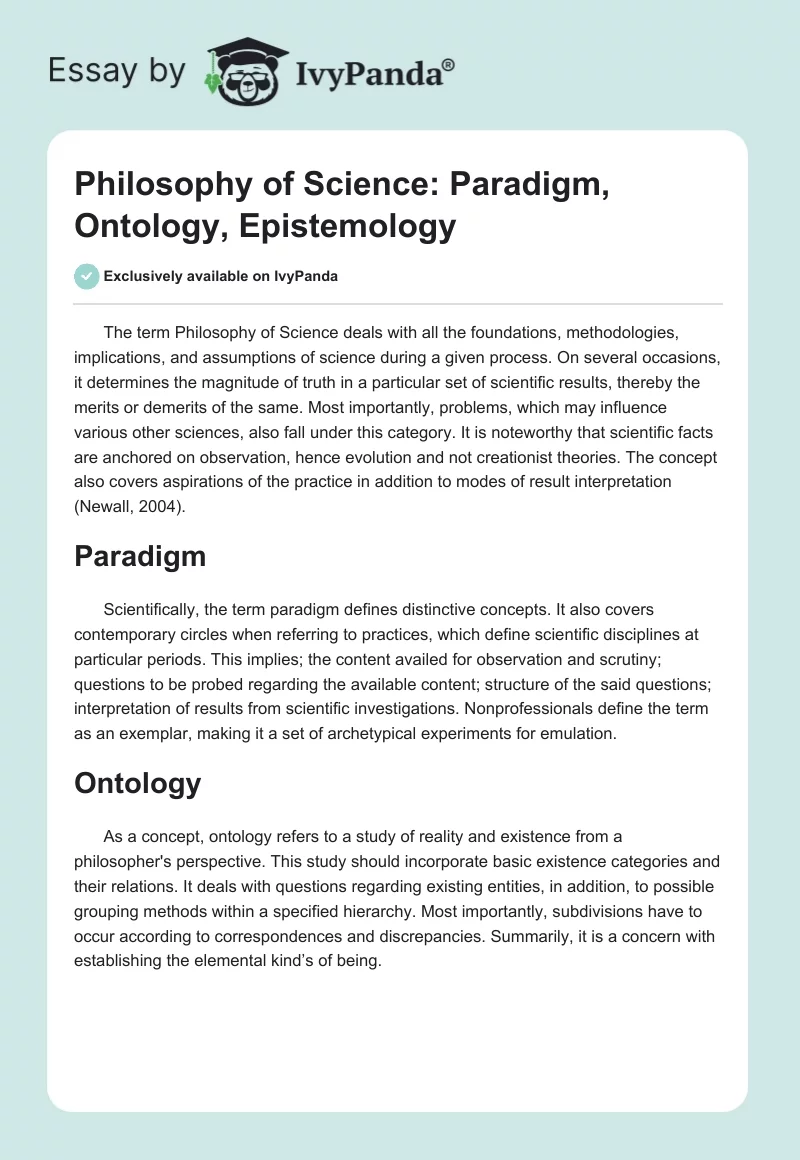 Philosophy of Science: Paradigm, Ontology, Epistemology. Page 1
