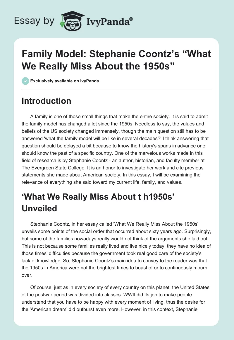 Family Model: Stephanie Coontz’s “What We Really Miss About the 1950s”. Page 1