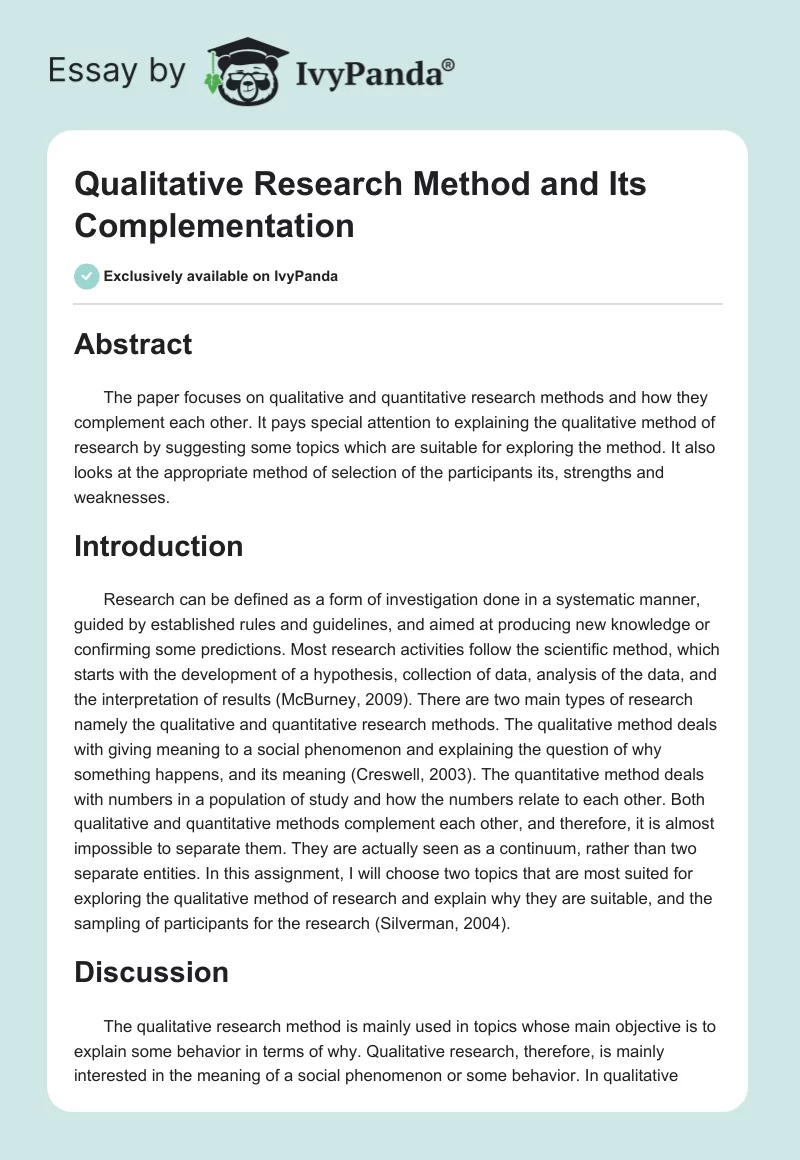 Qualitative Research Method and Its Complementation. Page 1