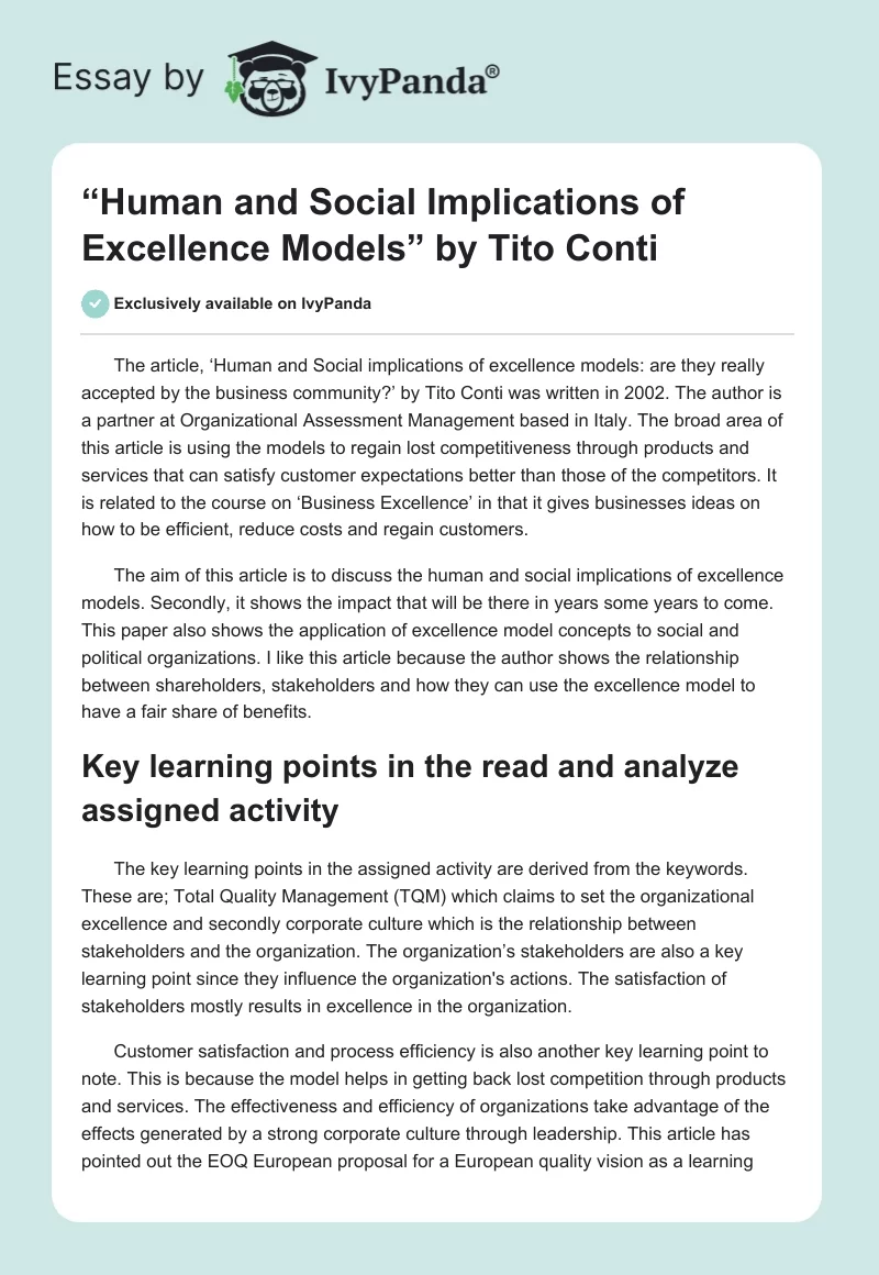 “Human and Social Implications of Excellence Models” by Tito Conti. Page 1