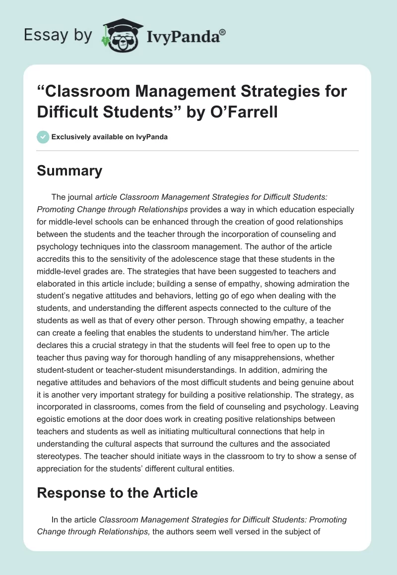 “Classroom Management Strategies for Difficult Students” by O’Farrell. Page 1