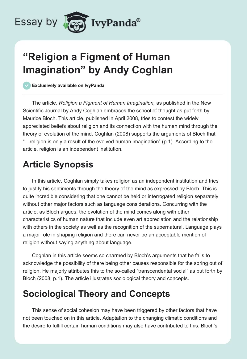“Religion a Figment of Human Imagination” by Andy Coghlan. Page 1