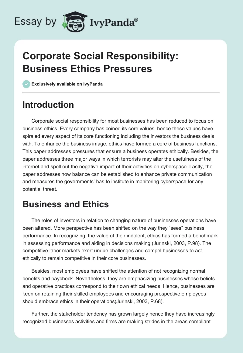 Corporate Social Responsibility: Business Ethics Pressures. Page 1