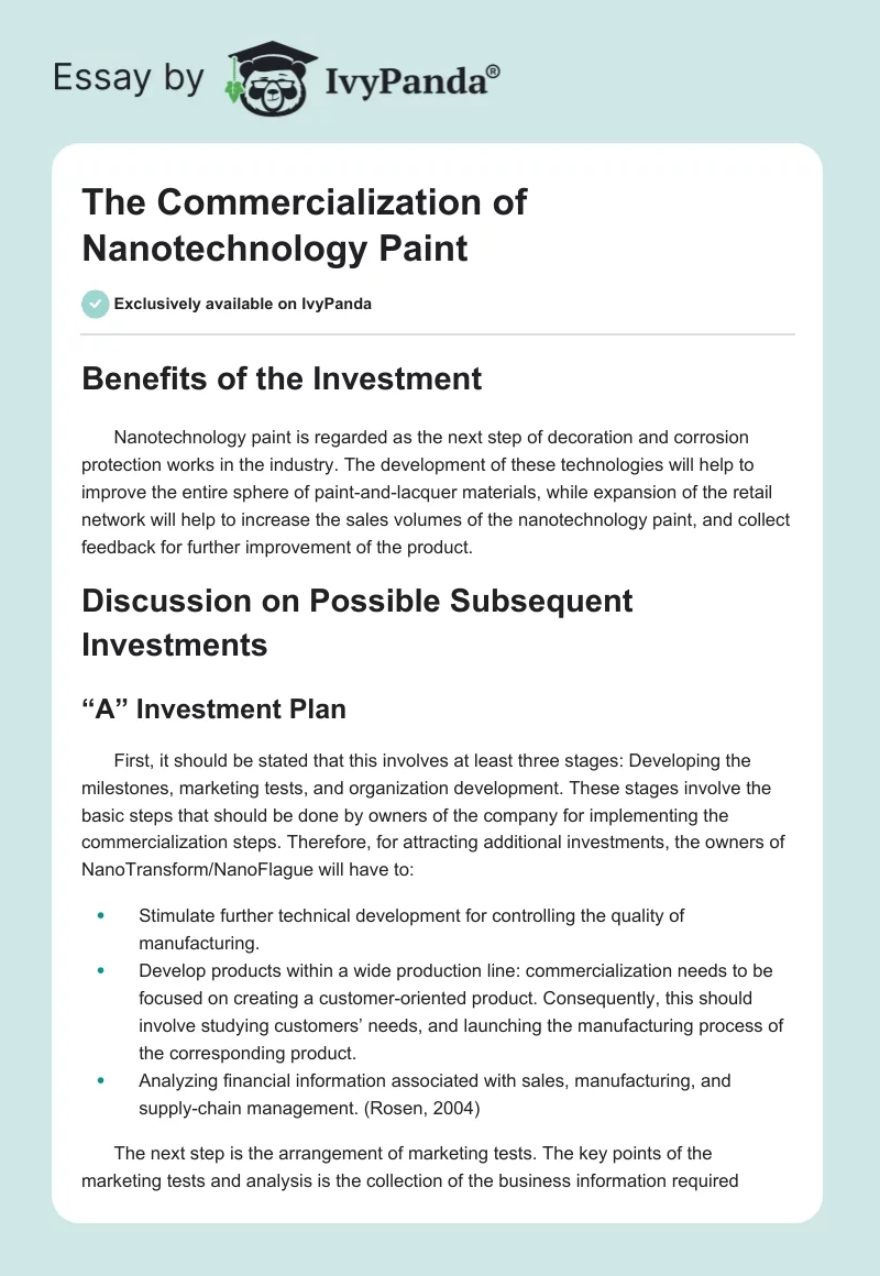 The Commercialization of Nanotechnology Paint. Page 1