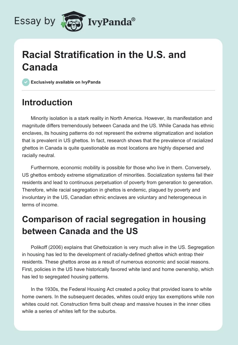 Racial Stratification in the U.S. and Canada. Page 1