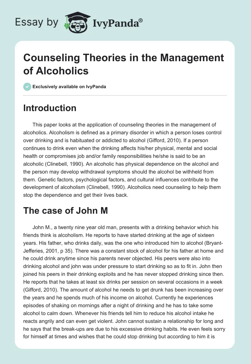 Counseling Theories in the Management of Alcoholics. Page 1