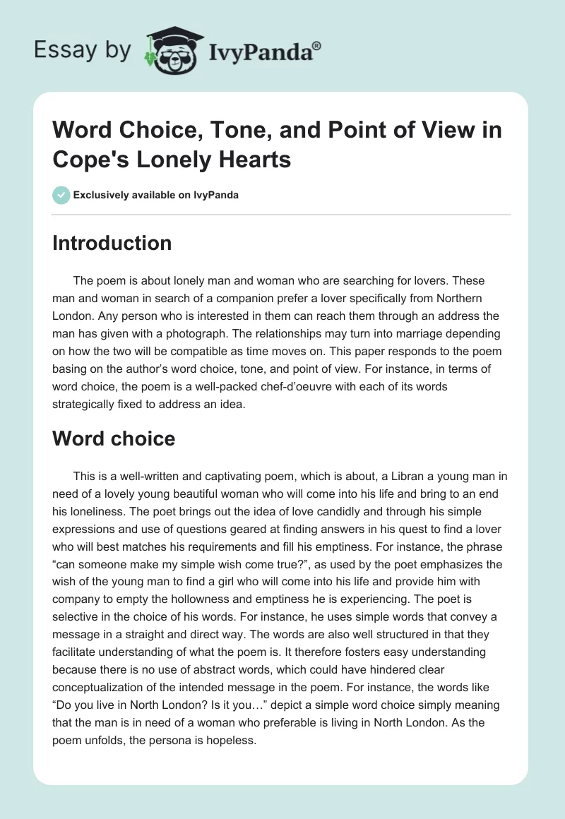 Word Choice, Tone, and Point of View in Cope's "Lonely Hearts". Page 1