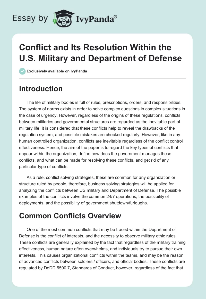 Conflict and Its Resolution Within the U.S. Military and Department of Defense. Page 1