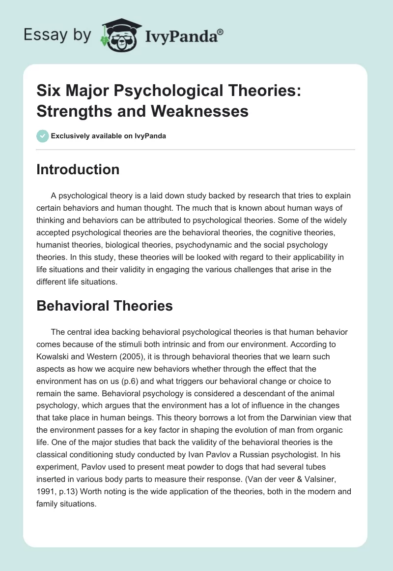 Six Major Psychological Theories: Strengths and Weaknesses. Page 1