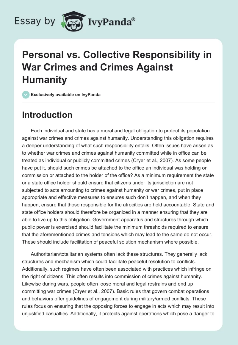 Personal vs. Collective Responsibility in War Crimes and Crimes Against Humanity. Page 1