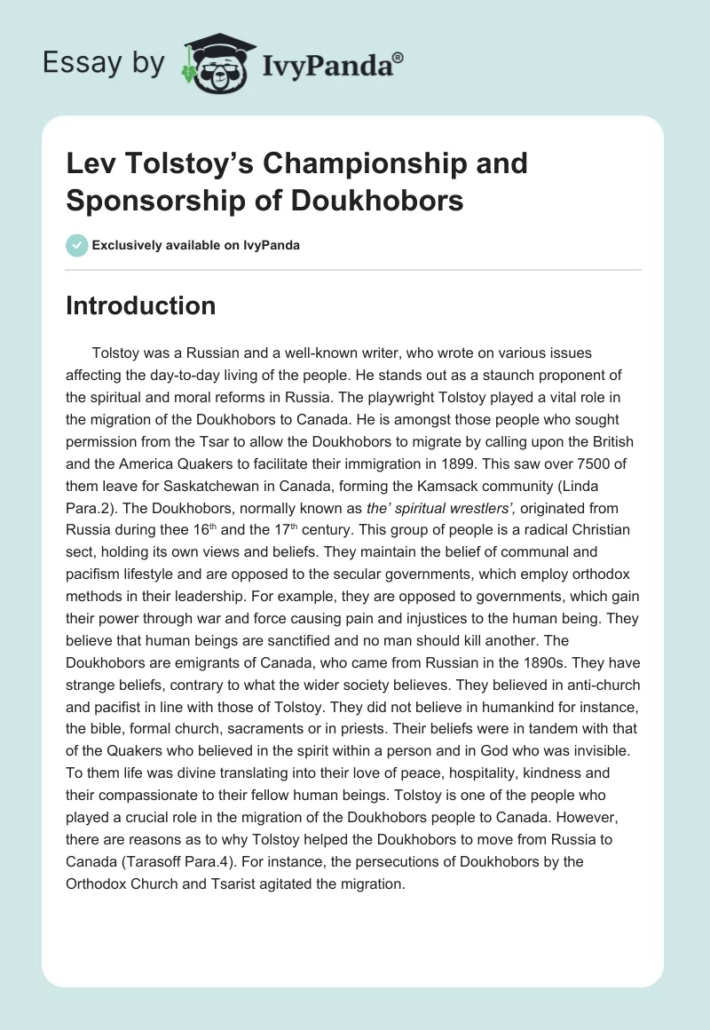 Lev Tolstoy’s Championship and Sponsorship of Doukhobors. Page 1