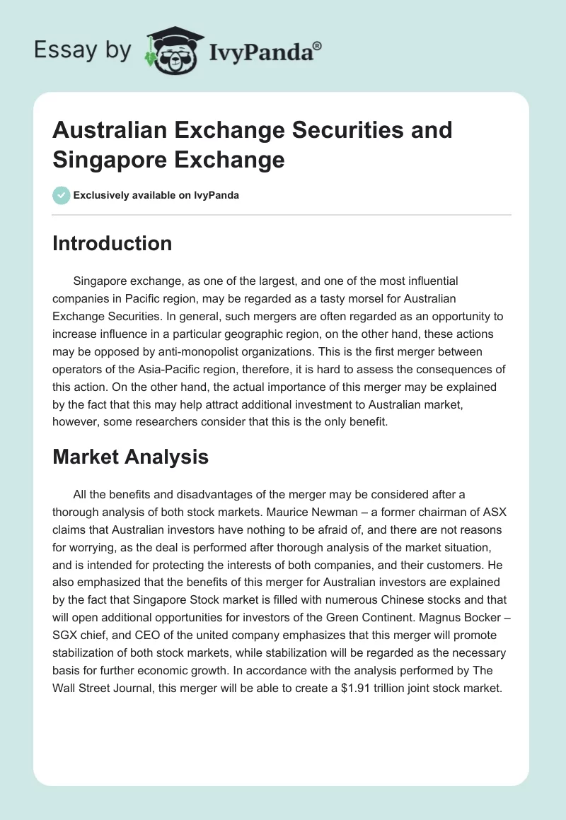 Australian Exchange Securities and Singapore Exchange. Page 1