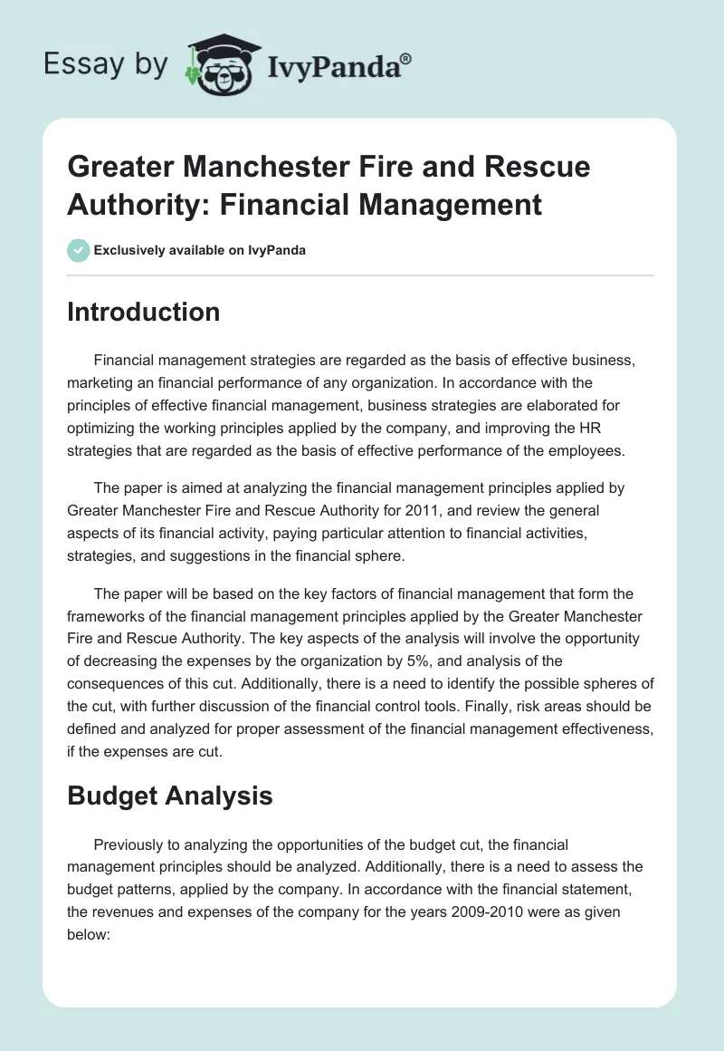 Greater Manchester Fire and Rescue Authority: Financial Management. Page 1