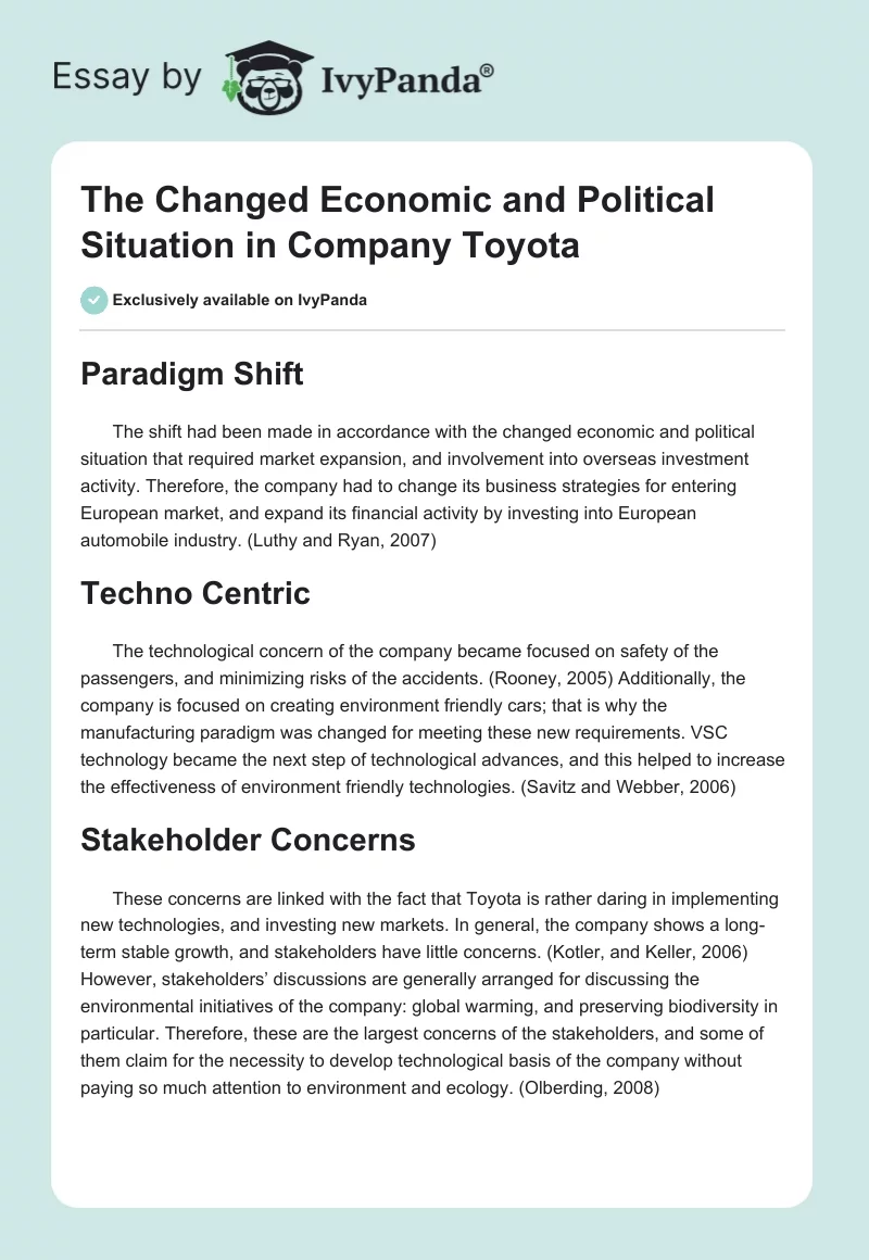 The Changed Economic and Political Situation in Company Toyota. Page 1