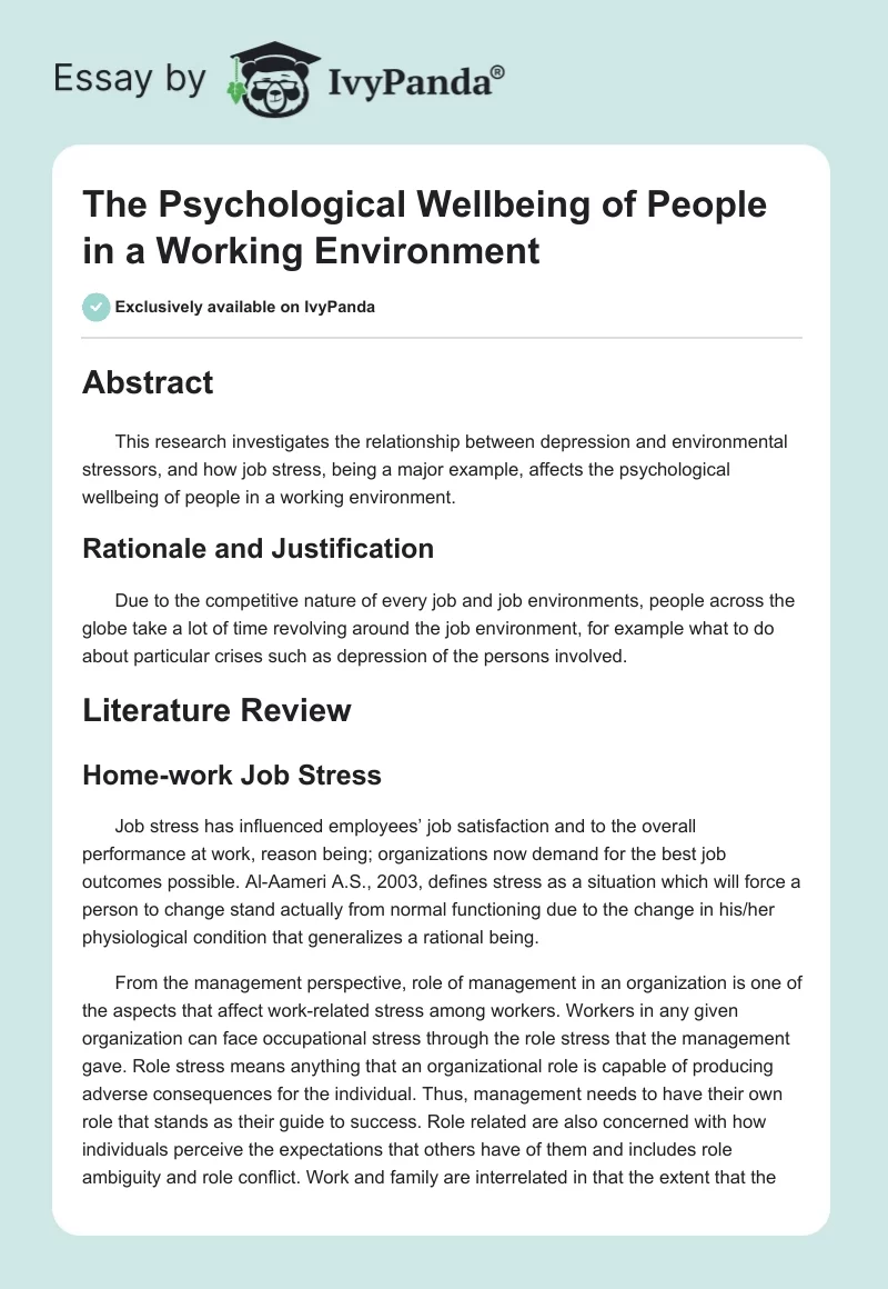 The Psychological Wellbeing of People in a Working Environment. Page 1