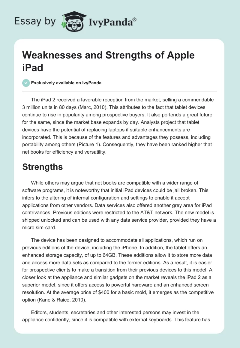 Weaknesses and Strengths of Apple iPad. Page 1