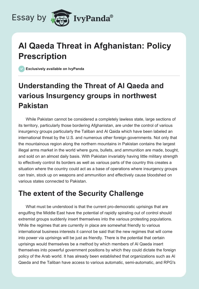 Al Qaeda Threat in Afghanistan: Policy Prescription. Page 1