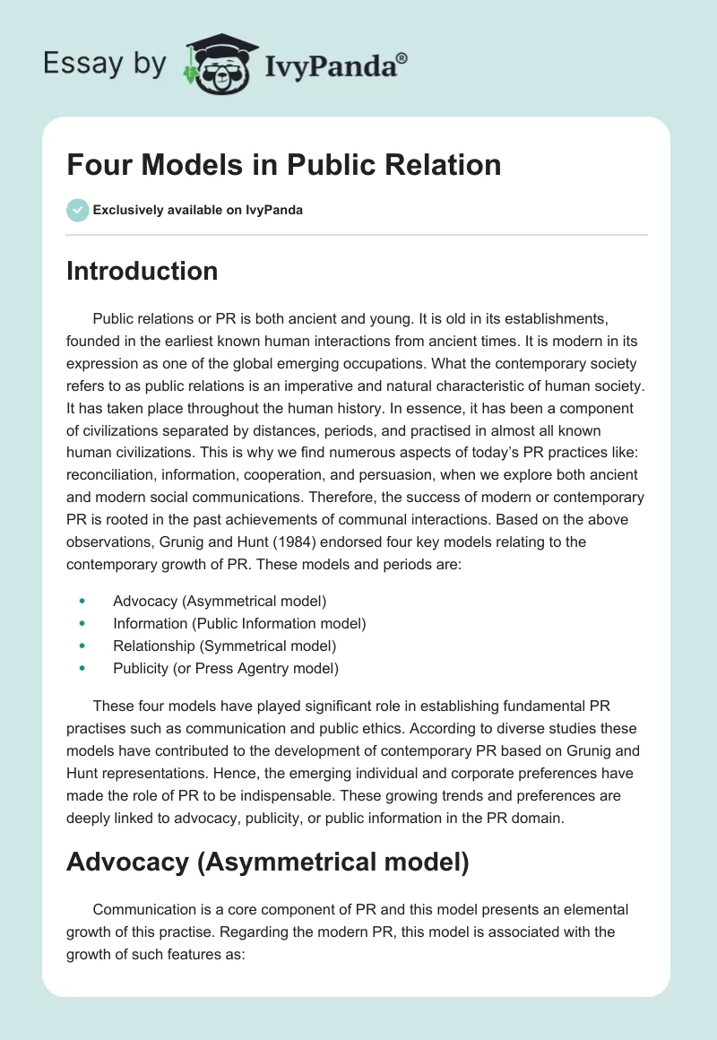 Four Models in Public Relation. Page 1