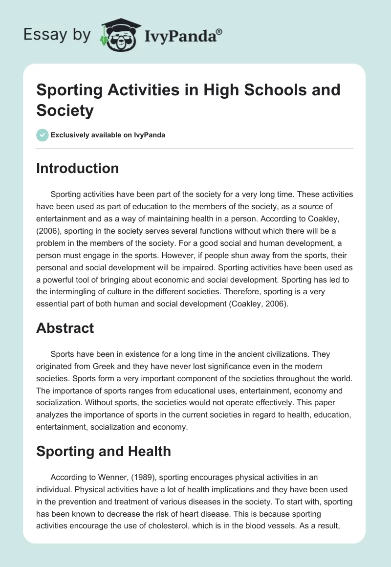 Sporting Activities in High Schools and Society. Page 1