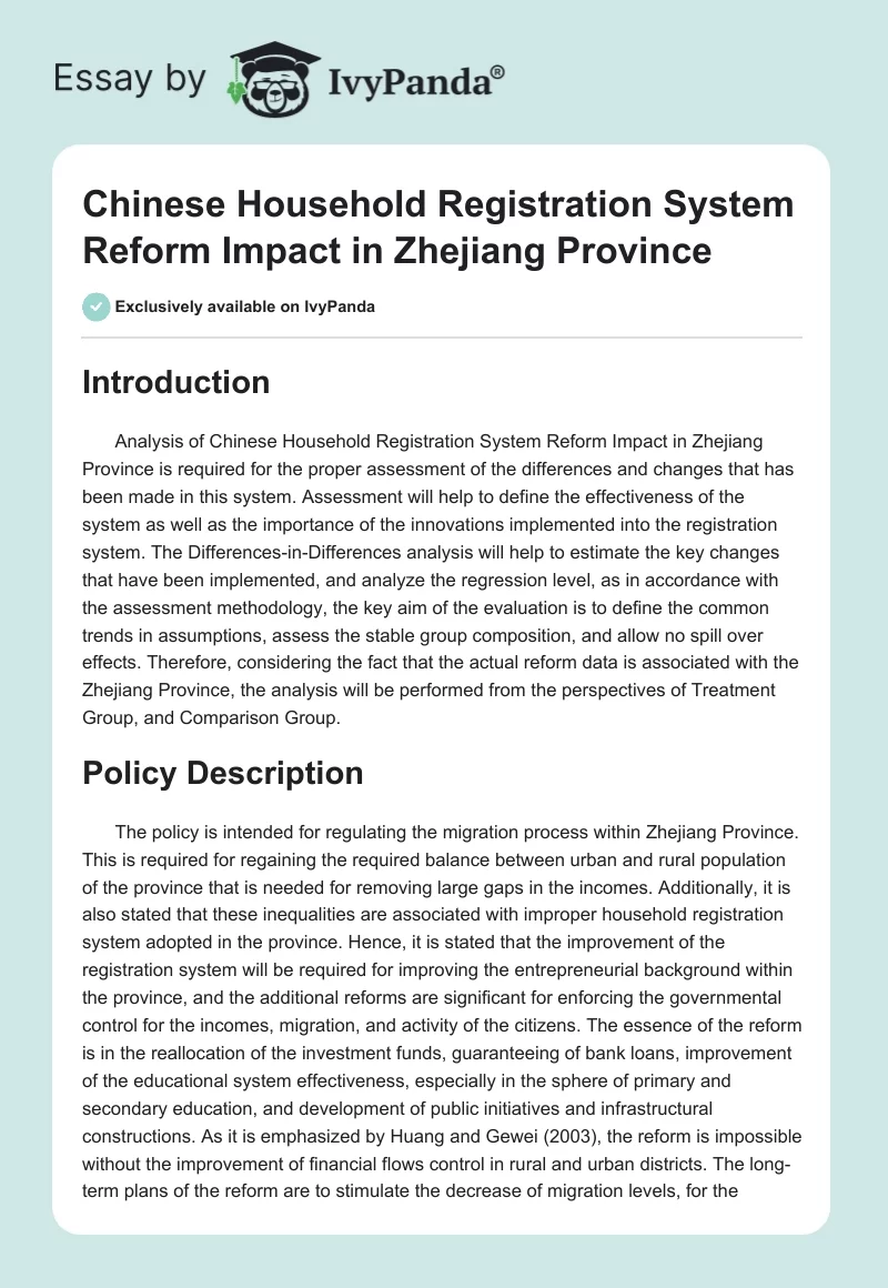 Chinese Household Registration System Reform Impact in Zhejiang Province. Page 1
