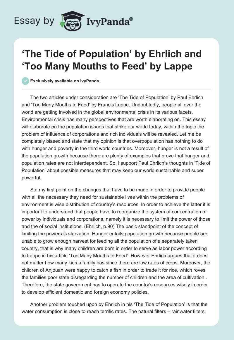 ‘The Tide of Population’ by Ehrlich and ‘Too Many Mouths to Feed’ by Lappe. Page 1