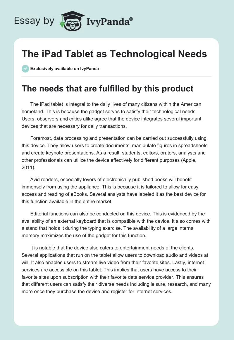 The iPad Tablet as Technological Needs. Page 1