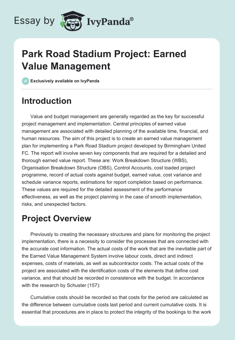 Park Road Stadium Project: Earned Value Management. Page 1