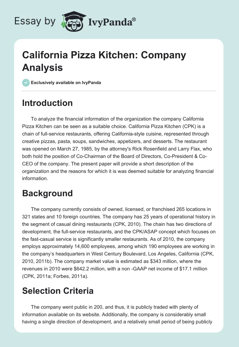 California Pizza Kitchen: Company Analysis. Page 1