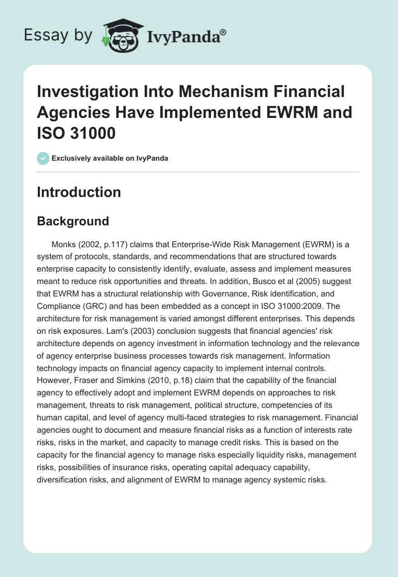 Investigation Into Mechanism Financial Agencies Have Implemented EWRM and ISO 31000. Page 1