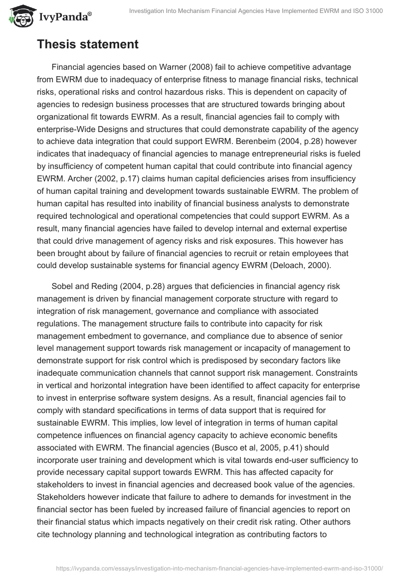 Investigation Into Mechanism Financial Agencies Have Implemented EWRM and ISO 31000. Page 2