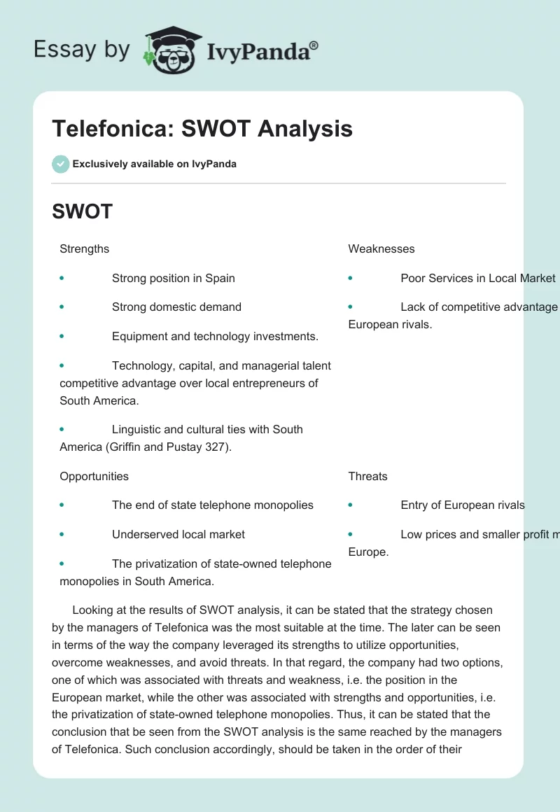 Telefonica: SWOT Analysis. Page 1