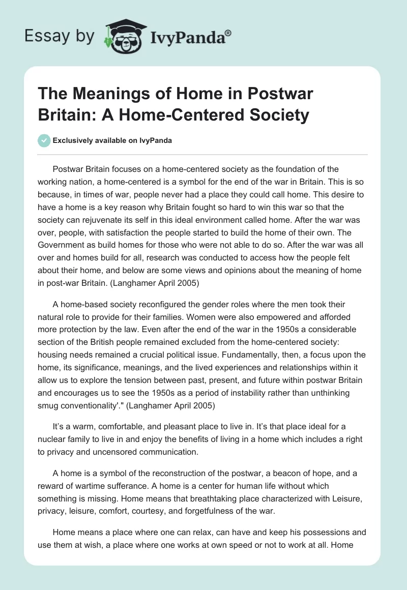The Meanings of Home in Postwar Britain: A Home-Centered Society. Page 1