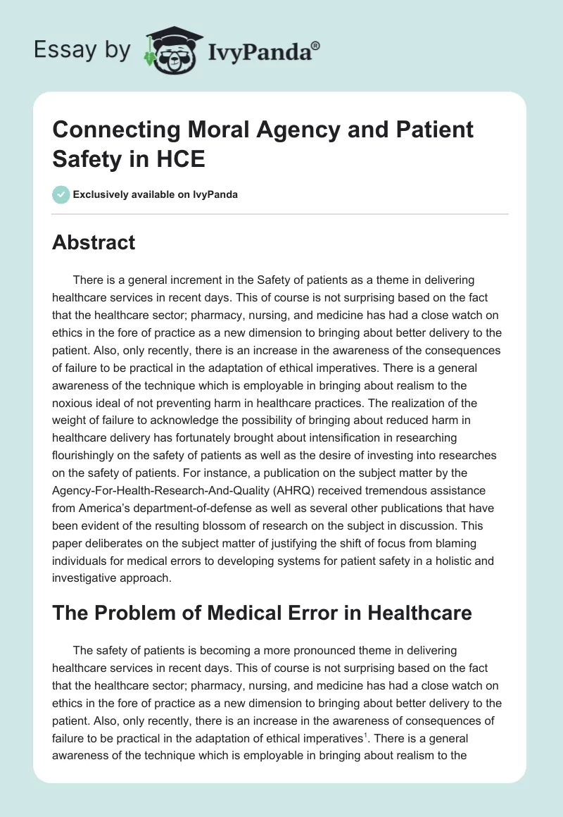 Connecting Moral Agency and Patient Safety in HCE. Page 1