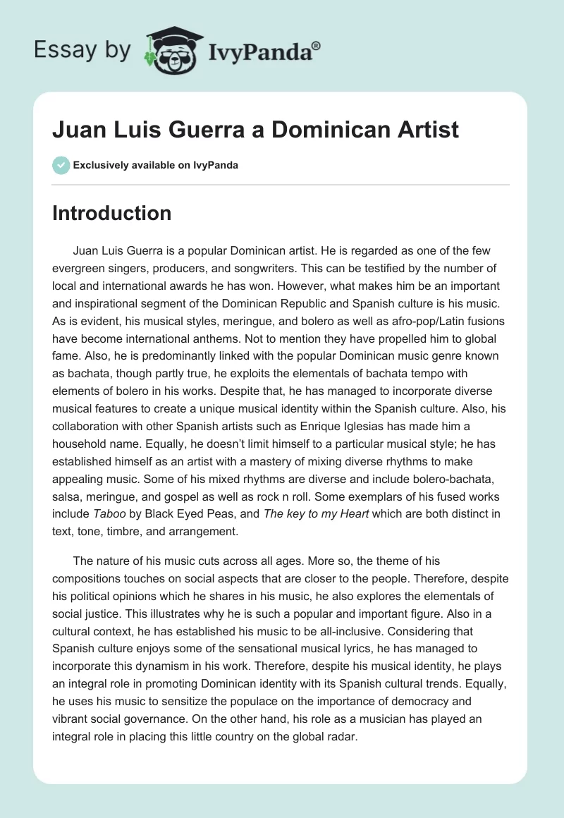 Juan Luis Guerra a Dominican Artist. Page 1