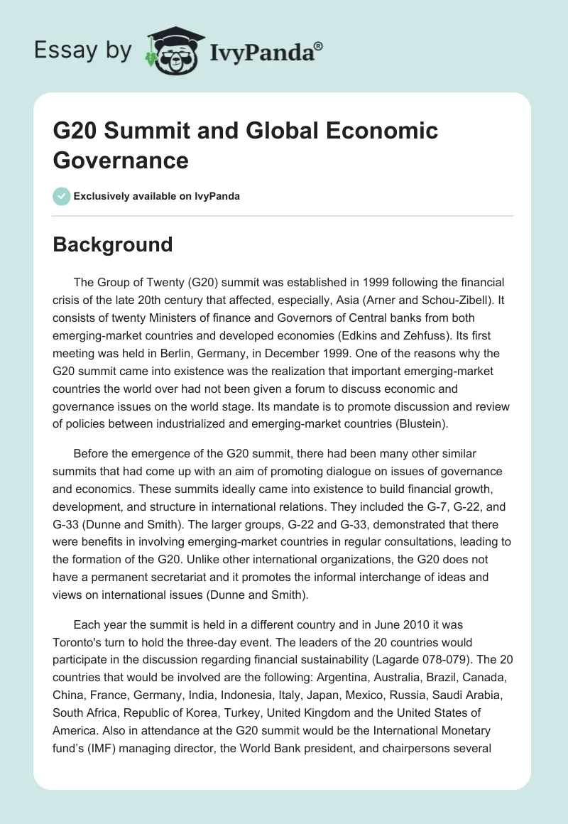 G20 Summit and Global Economic Governance. Page 1