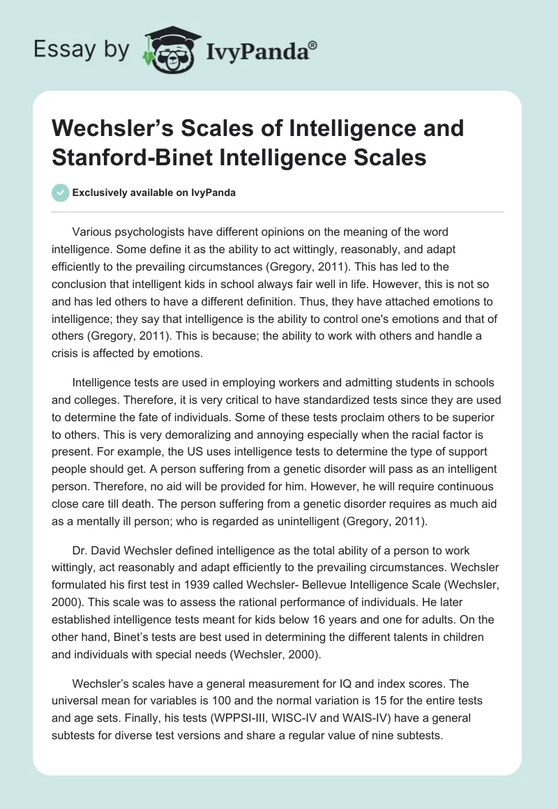 Wechsler’s Scales of Intelligence and Stanford-Binet Intelligence Scales. Page 1