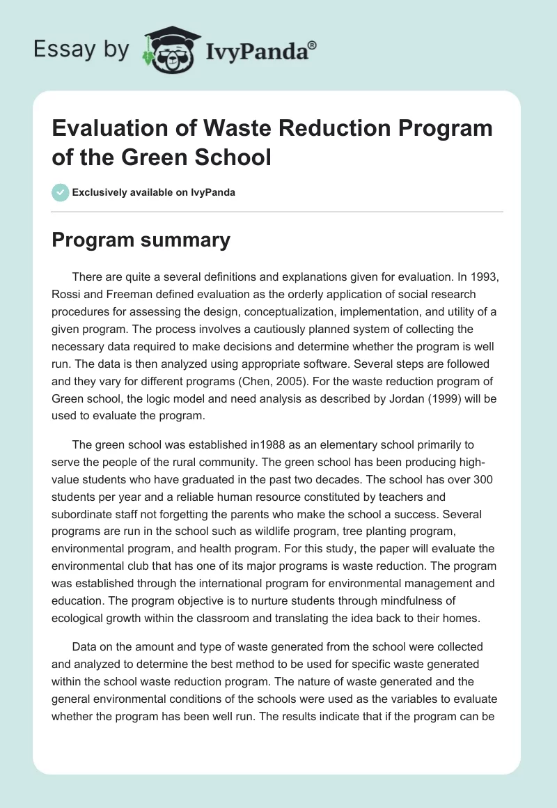 Evaluation of Waste Reduction Program of the Green School. Page 1