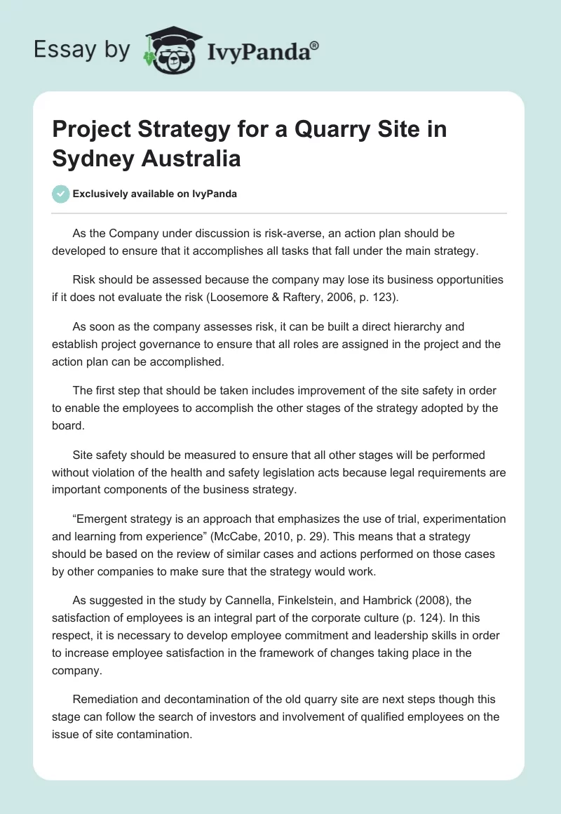 Project Strategy for a Quarry Site in Sydney Australia. Page 1