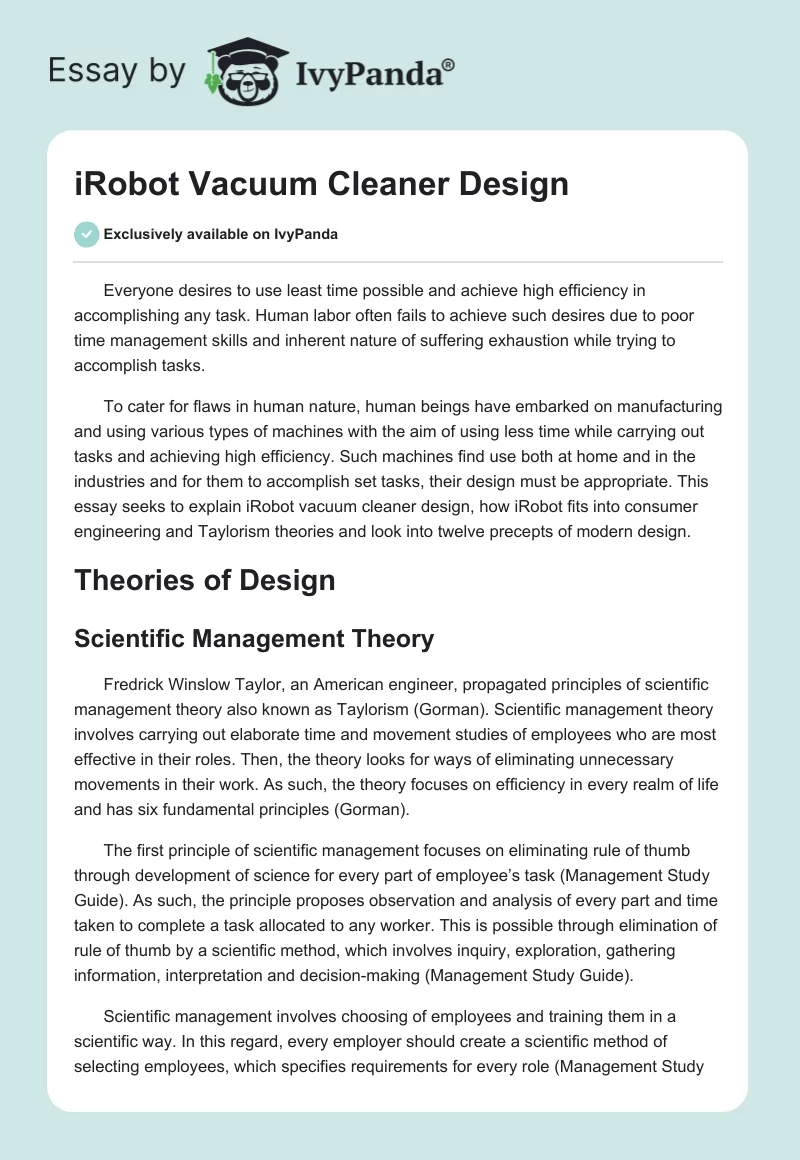 iRobot Vacuum Cleaner Design. Page 1