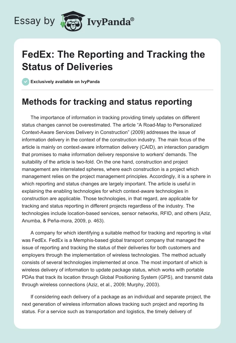 FedEx: The Reporting and Tracking the Status of Deliveries. Page 1