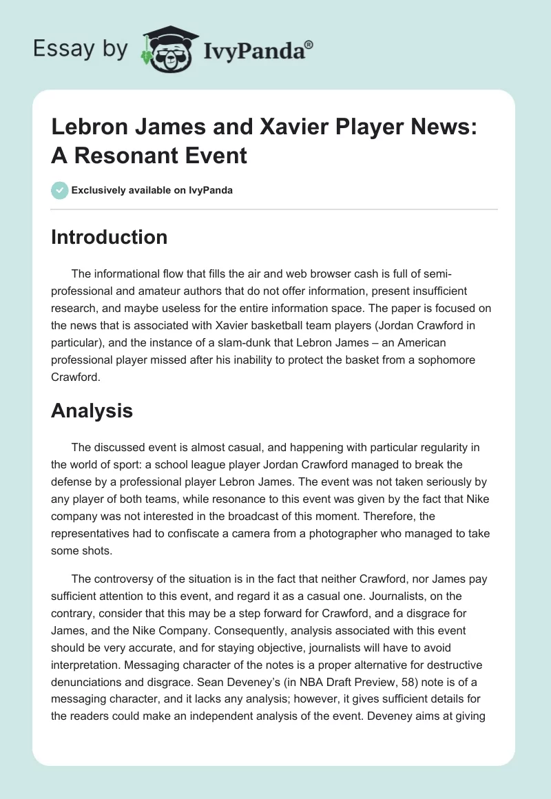 Lebron James and Xavier Player News: A Resonant Event. Page 1