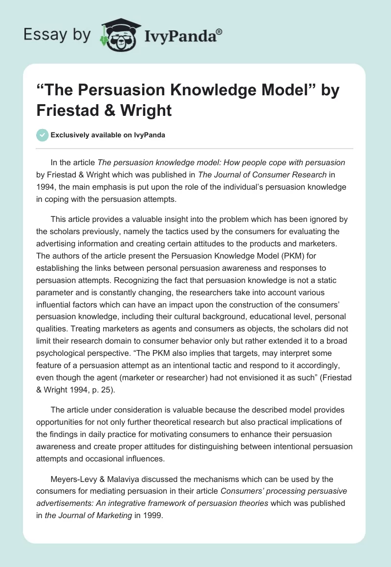 “The Persuasion Knowledge Model” by Friestad & Wright. Page 1
